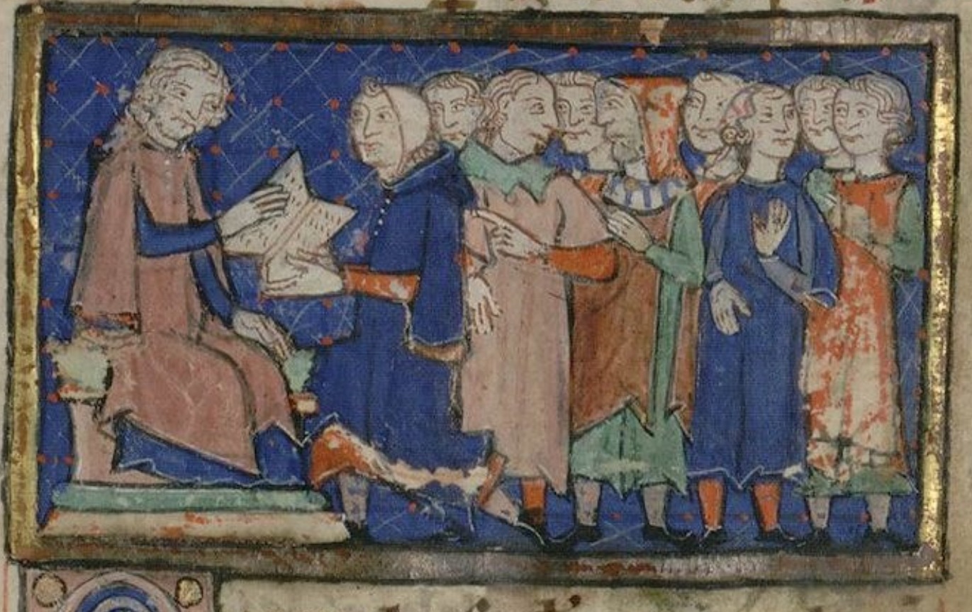 Le seigneur, la main sur le livre, jure de respecter les coutumes de la ville devant ses habitants. Miniature du Livre d