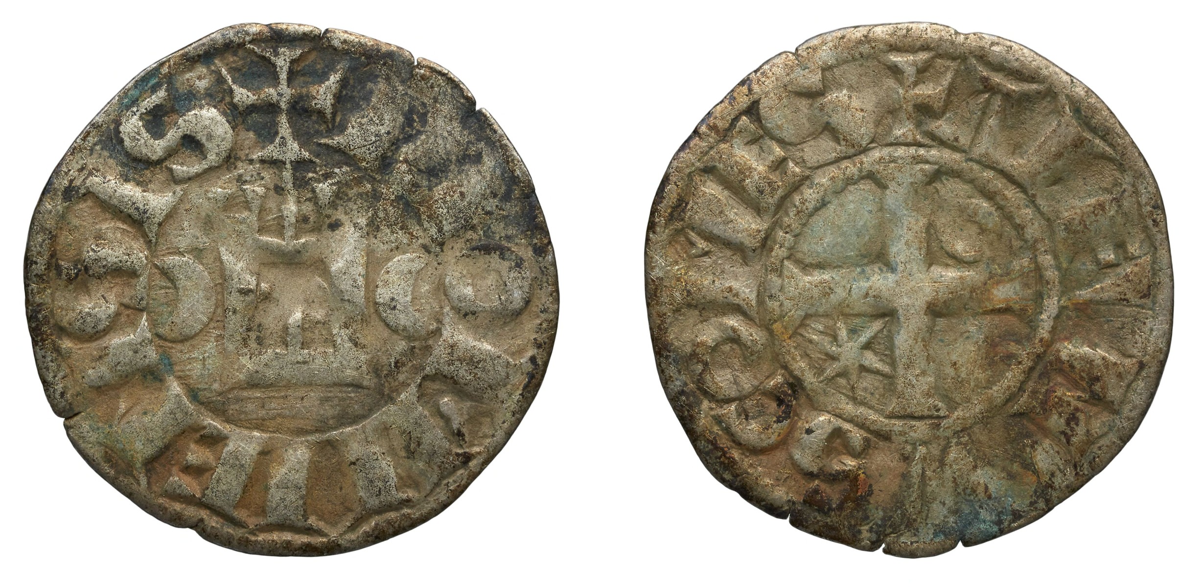 Denier d'Alfonse de Poitiers pour le comté d'Auvergne, frappé à Riom entre 1250 et 1271, c'est-à-dire au temps des fonda