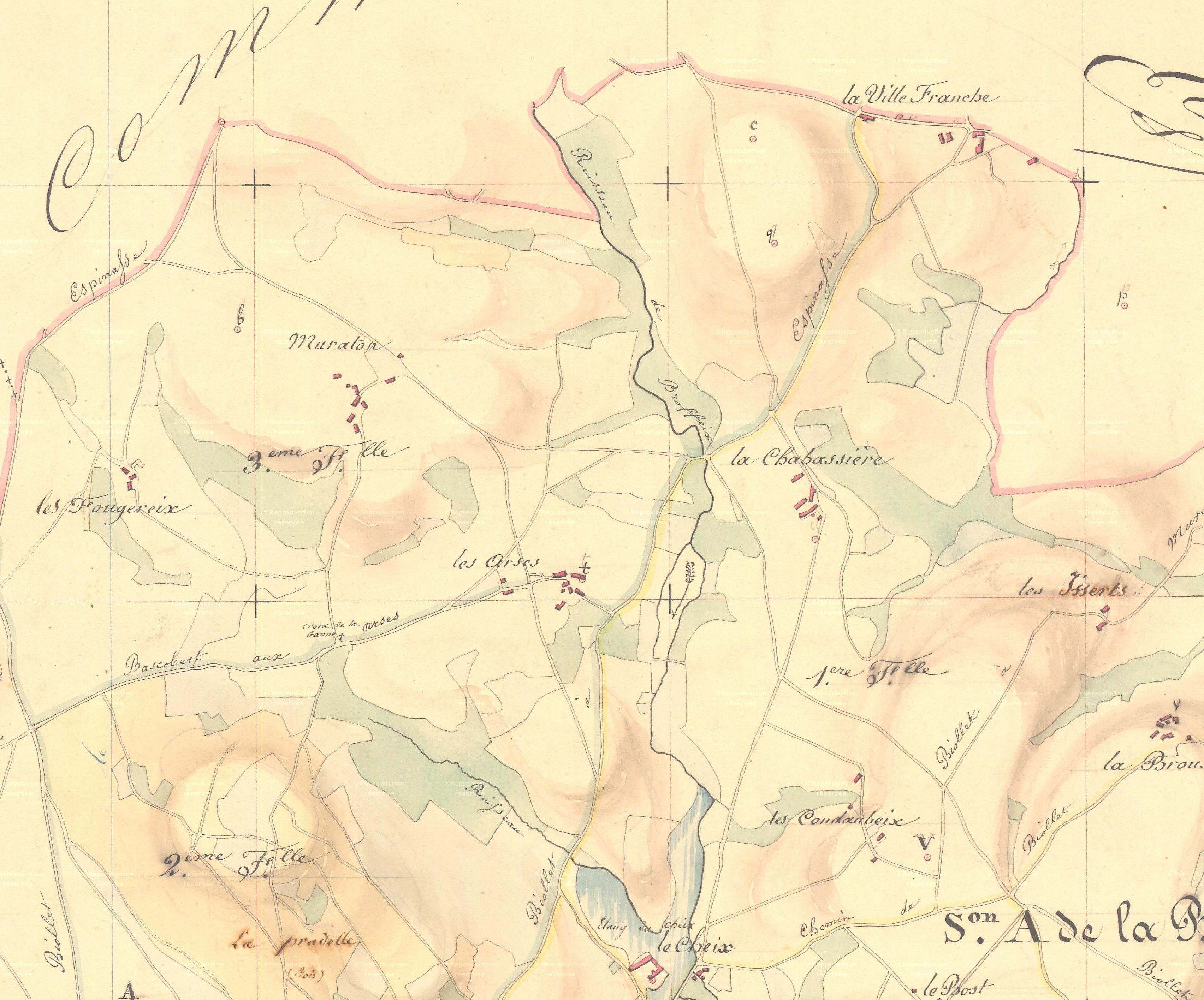 La Ville Franche sur le tableau d'assemblage du cadastre napoléonien de Biollet (1834). Les maisons s'alignent le long d