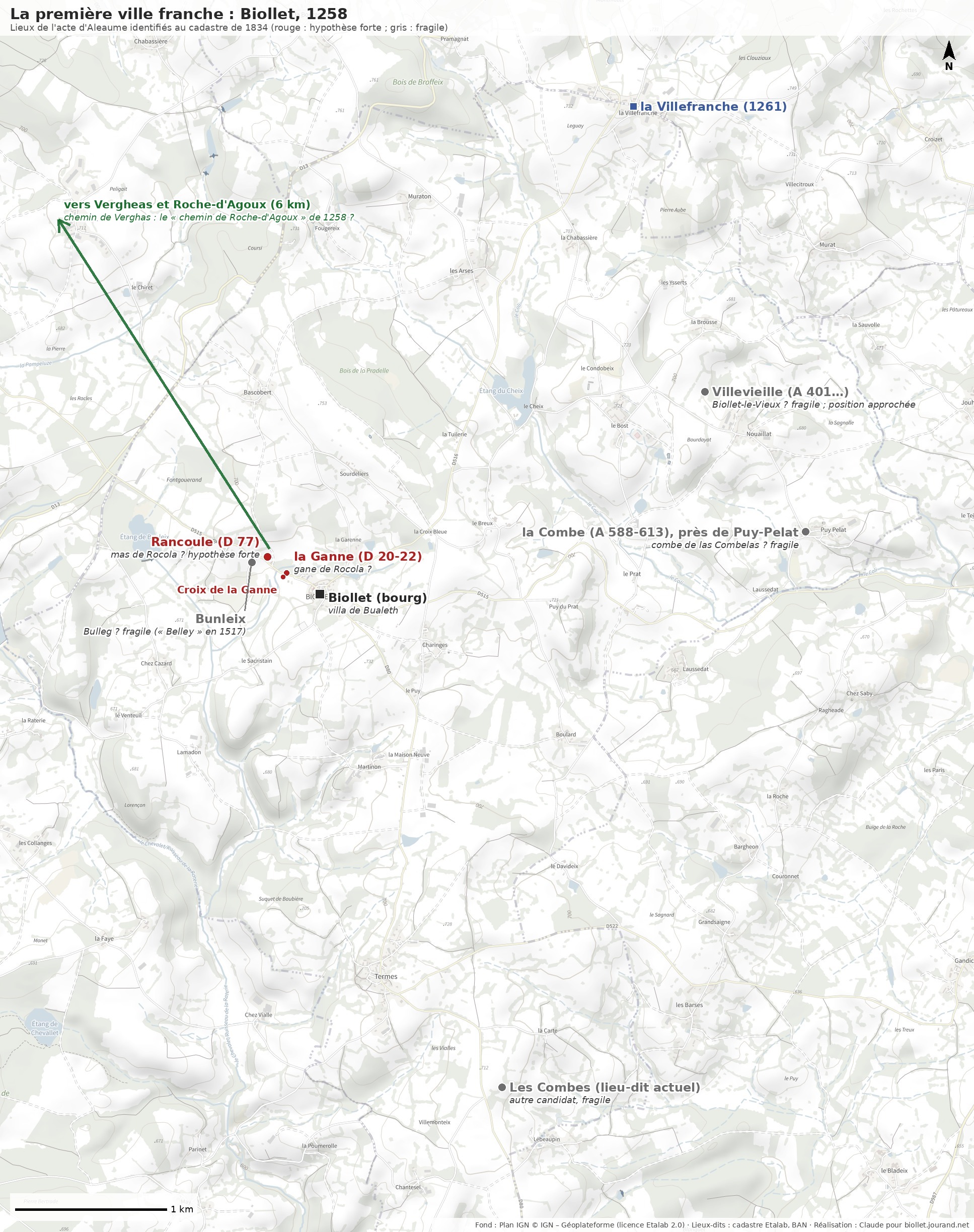 Les lieux de l’acte de 1258 sur la carte actuelle : en rouge, l’hypothèse forte (Rancoule) ; en gris, les pistes fragiles, dont Bunleix pour Bulleg. Positions reportées depuis le cadastre de 1834, à quelques dizaines de mètres près. Fond : Plan IGN © IGN – Géoplateforme (licence Etalab 2.0).
